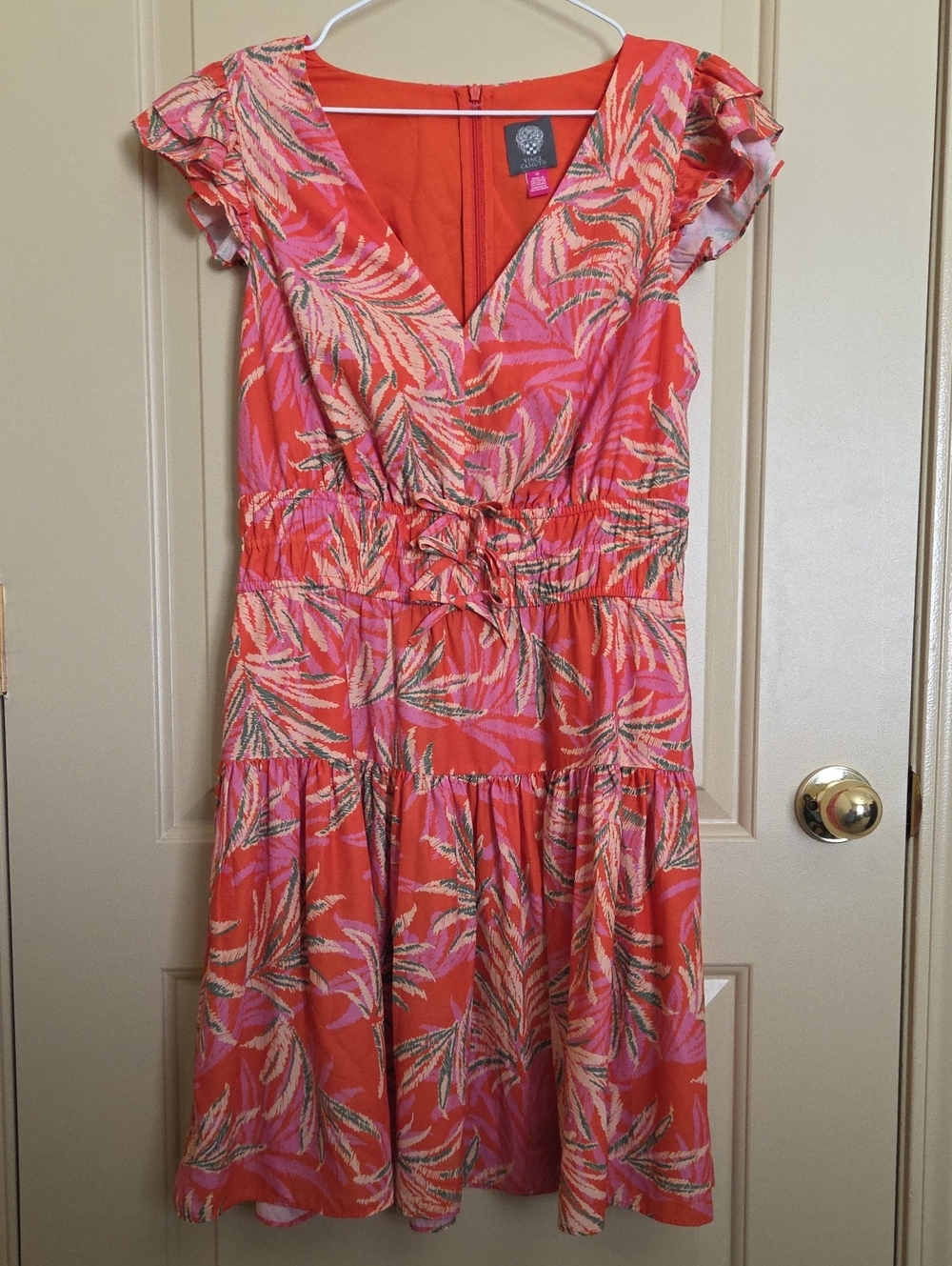 Vince Camuto Coral and Pink Printed Tiered V-Neck Dress